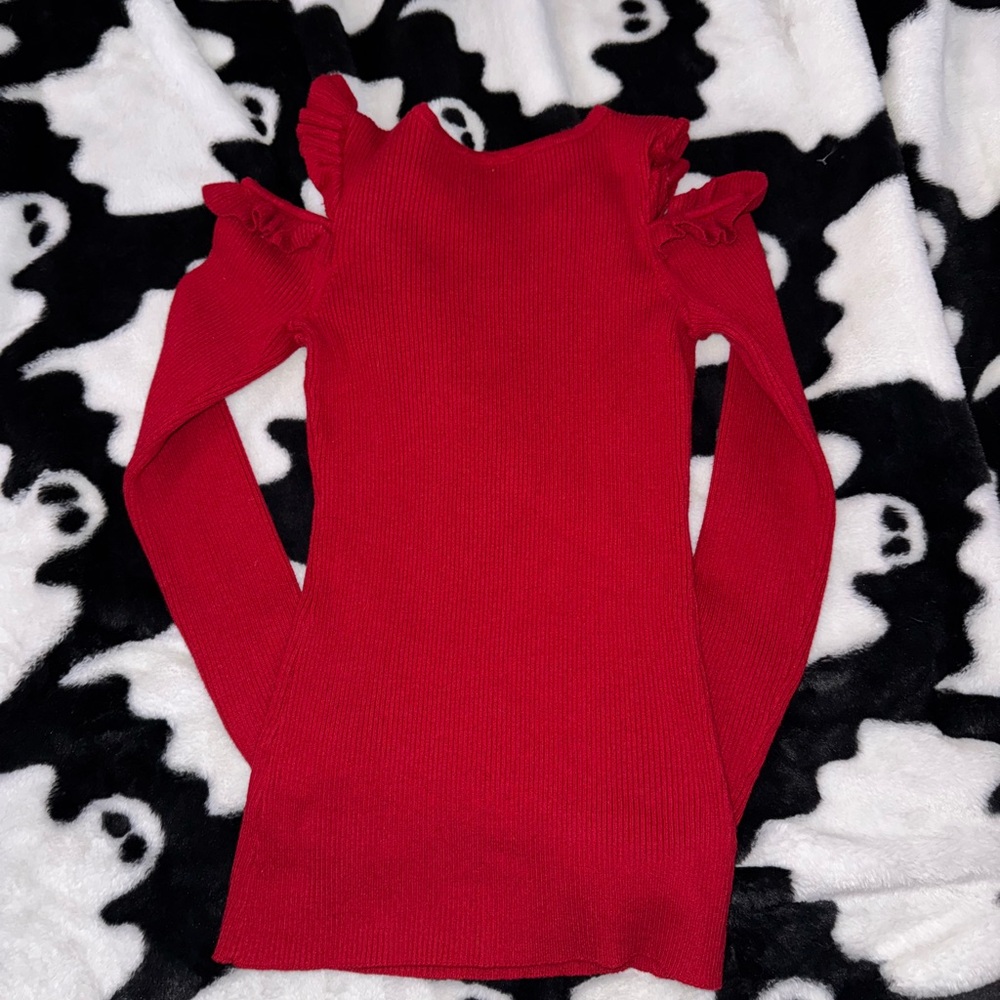 Red Ruffled Cold Shoulder Sweater - Picture 3 of 3